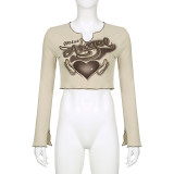 Printed skin color V-neck short long sleeve slim fitting T-shirt Spice Girl street casual versatile top