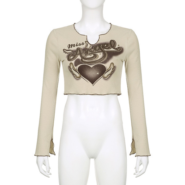 Printed skin color V-neck short long sleeve slim fitting T-shirt Spice Girl street casual versatile top