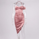 Sexy Satin Fishbone Pleated Split Neck Mid Dress