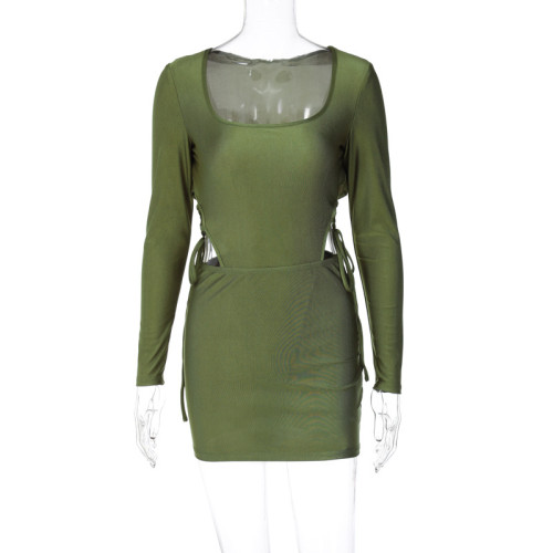 Women's long sleeve U-neck one-piece dress bag hip skirt fashion casual suit