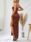 Women's sexy color Ding Gao slit pleated open backpack hip sling long skirt