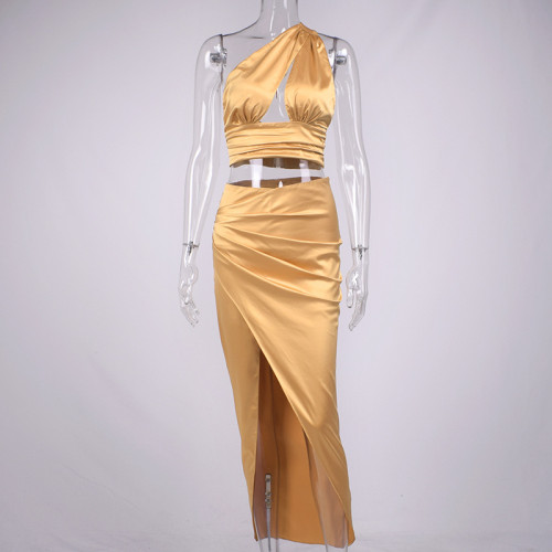 Women's sexy fashion dice hollow off diagonal shoulder open navel top high split long skirt two-piece set