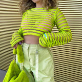 Sexy Silk Stitch Knitted Shirt Exposed Umbilical Long Sleeve Woolen Bright Color Top