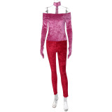 Lace up bib off shoulder long sleeve slim fitting jumpsuit