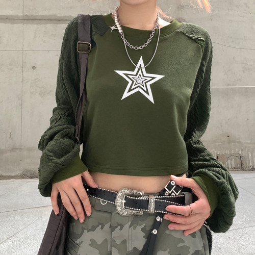 Star Print Contrast Woolen Raglan Sleeve Sweatshirt Hot Girl Simple Warm Fall Top