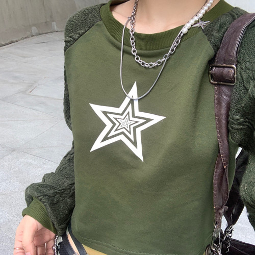 Star Print Contrast Woolen Raglan Sleeve Sweatshirt Hot Girl Simple Warm Fall Top