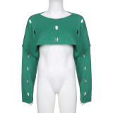 Fashionable hole cut out super short jacket loose and versatile woolen blouse