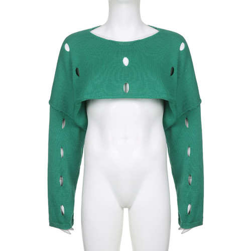 Fashionable hole cut out super short jacket loose and versatile woolen blouse