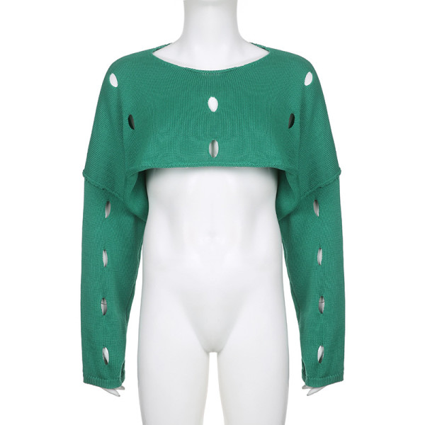 Fashionable hole cut out super short jacket loose and versatile woolen blouse