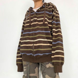 Fashion Stripe Print Loose Hooded David Dress Hot Girl Lace up Warm Casual Coat