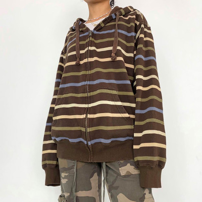 Fashion Stripe Print Loose Hooded David Dress Hot Girl Lace up Warm Casual Coat