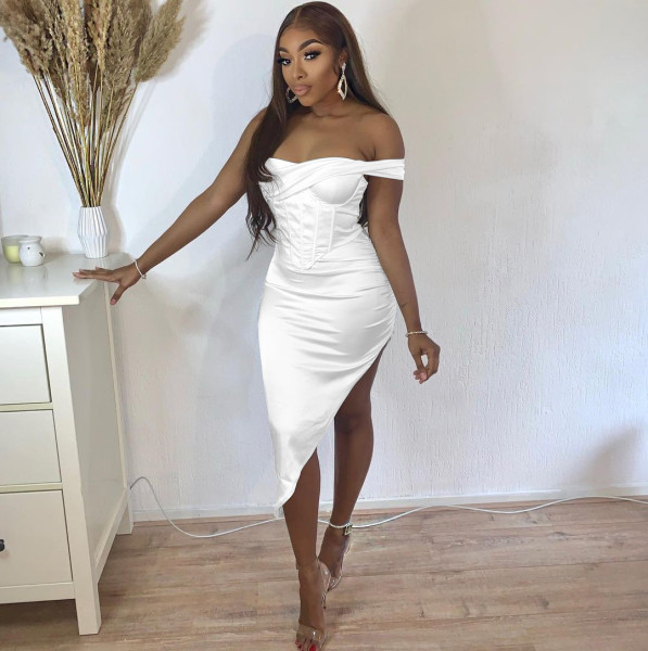 Sexy Satin Fishbone Pleated Split Neck Mid Dress