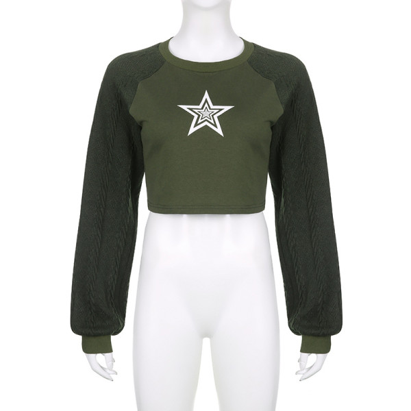 Star Print Contrast Woolen Raglan Sleeve Sweatshirt Hot Girl Simple Warm Fall Top