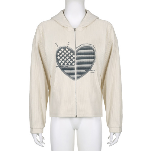 Waffle Love Print Loose Sweatshirt Teenager Casual Hooded Cardigan