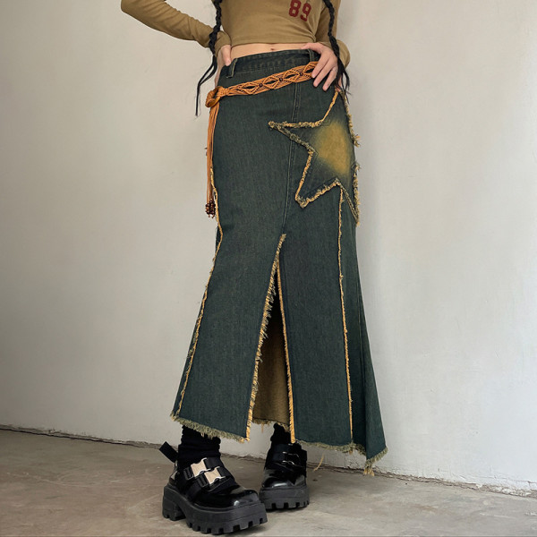 Five pointed Star Patch Irregular Split Raw Edge Spice Girl High Waist Denim Skirt