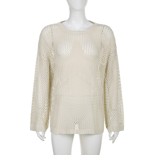 Hollow out mesh five pointed star loose shawl woolen blouse light breathable mesh top