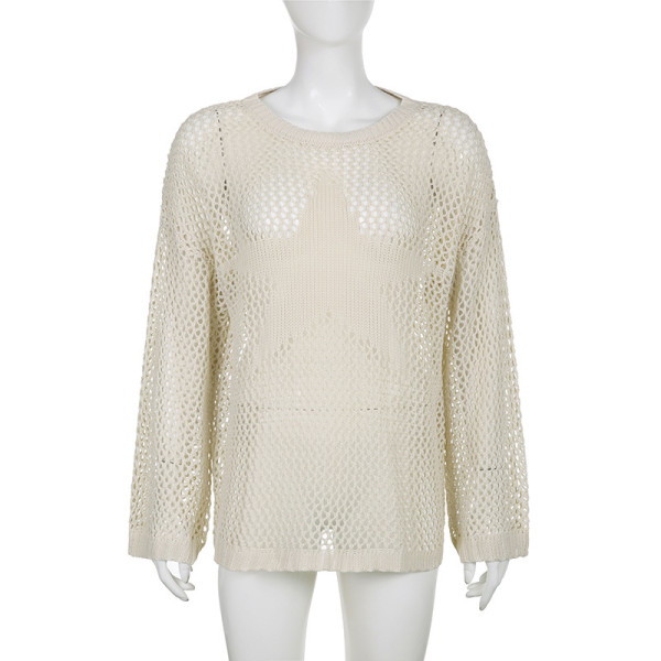 Hollow out mesh five pointed star loose shawl woolen blouse light breathable mesh top