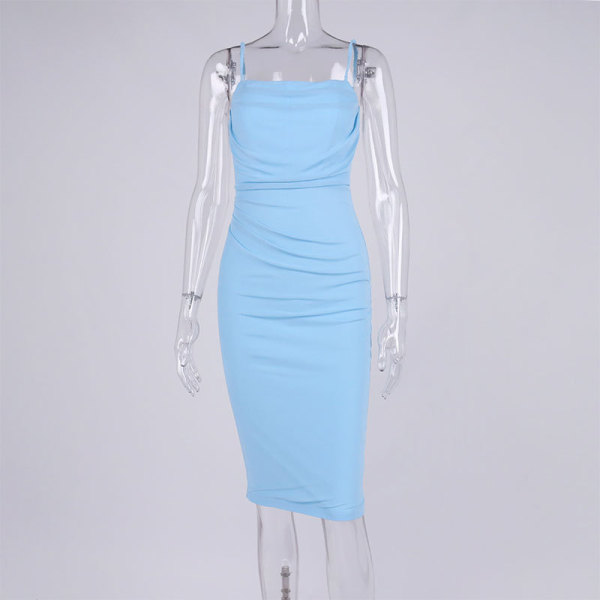 Dress Sexy Mesh Fishbone Pleated Backless Strap Dress