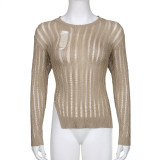 Irregular side split woolen blouse Women's fashion trend personality Versatile hole long sleeve top