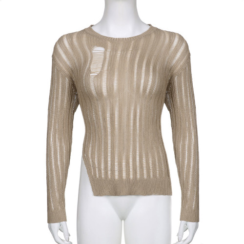 Irregular side split woolen blouse Women's fashion trend personality Versatile hole long sleeve top