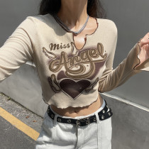 Printed skin color V-neck short long sleeve slim fitting T-shirt Spice Girl street casual versatile top Printed skin color V-neck short long sleeve slim fitting T-shirt Spice Girl street casual versatile top