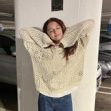 Hollow out mesh five pointed star loose shawl woolen blouse light breathable mesh top