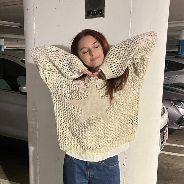 Hollow out mesh five pointed star loose shawl woolen blouse light breathable mesh top