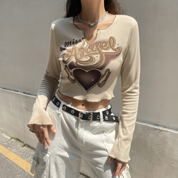 Printed skin color V-neck short long sleeve slim fitting T-shirt Spice Girl street casual versatile top