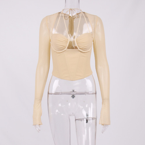 Mesh square neck hollow perspective open navel T-shirt