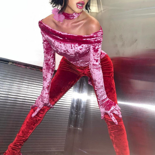 Lace up bib off shoulder long sleeve slim fitting jumpsuit