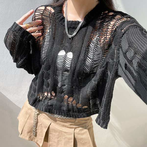 Sexy hole cut out wool blouse Women's pure sexy personality loose outer wool blouse