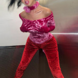 Lace up bib off shoulder long sleeve slim fitting jumpsuit