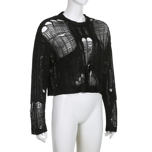 Sexy hole cut out wool blouse Women's pure sexy personality loose outer wool blouse