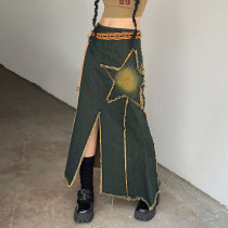 Five pointed Star Patch Irregular Split Raw Edge Spice Girl High Waist Denim Skirt