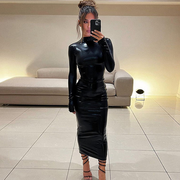 Fashion faux leather dark solid slim dress