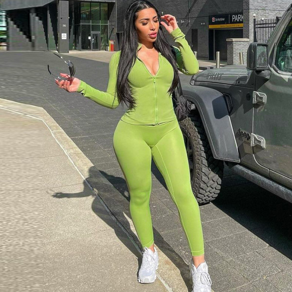 Fashion casual zipper long sleeve top slim yoga pants suit