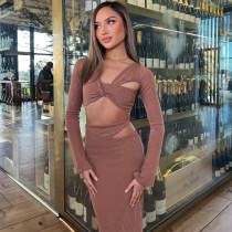 Solid color long sleeve sexy hollow T-shirt high waist skirt two-piece set