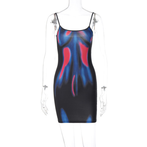 Personalized printing suspender skirt sexy slim wrap dress