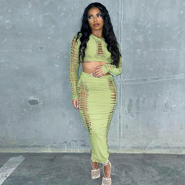 Fashion sexy hollow long sleeve top slim skirt suit