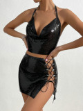 Sexy sequin suspender strapping skirt