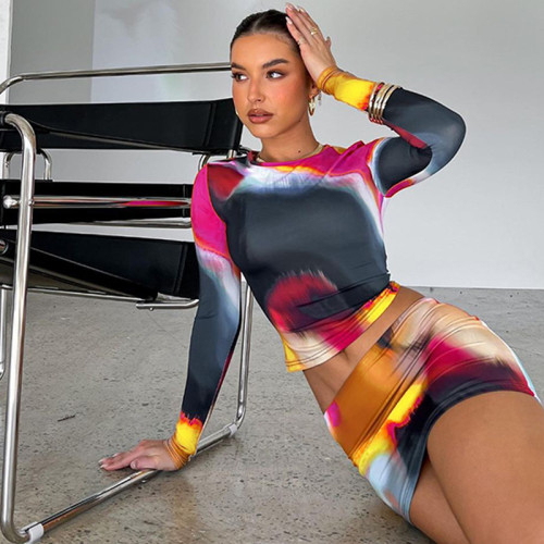 Printed round neck long sleeve top slim fitting skirt suit
