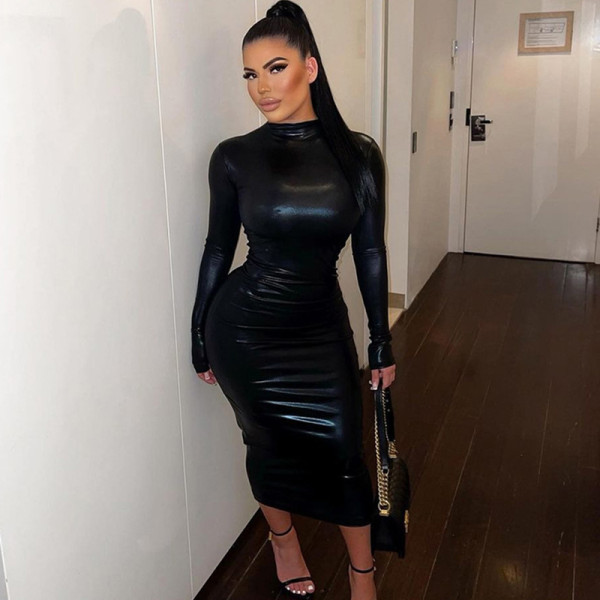 Fashion faux leather dark solid slim dress