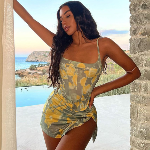 Printed sexy short skirt slim vest fashion suit