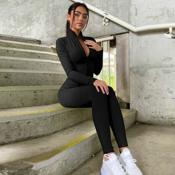 Fashion casual zipper long sleeve top slim yoga pants suit