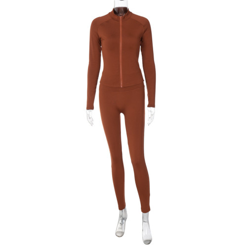 Fashion casual zipper long sleeve top slim yoga pants suit