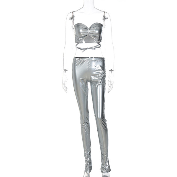 PU leather chest wrapped trousers two-piece fashion fit suit