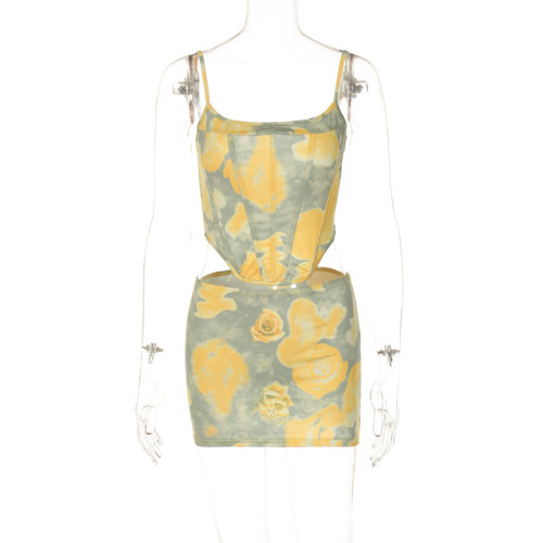Printed sexy short skirt slim vest fashion suit