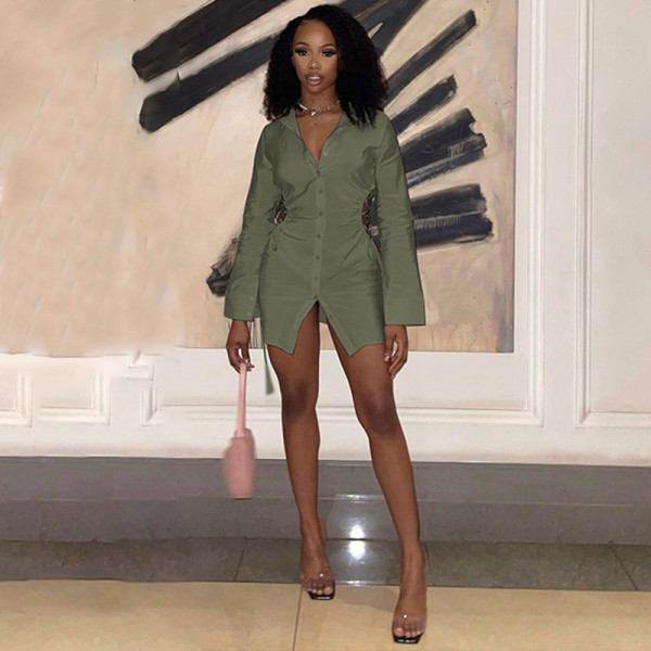 Sexy cardigan side cut lace up long sleeve slim dress