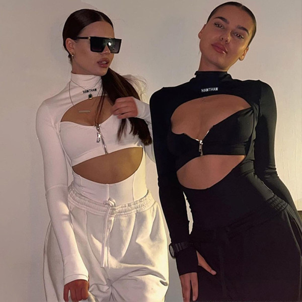Sexy hollow chest zipper round neck long sleeve jumpsuit