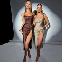 Fashion sexy backless lace up slim slit dress